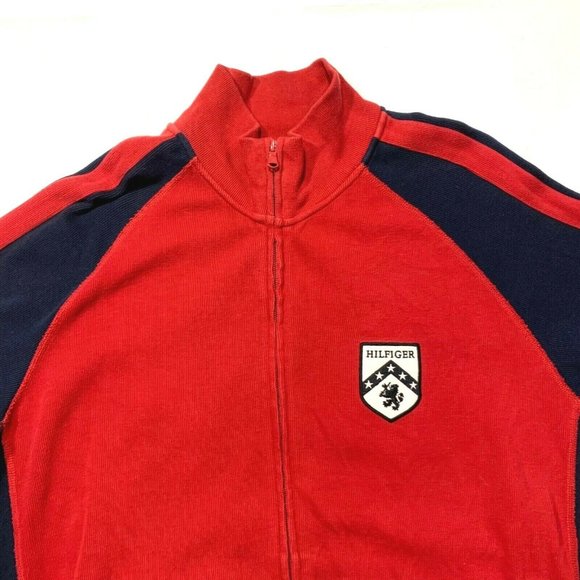 Tommy Hilfiger Crest Spell Out Jacket Full Zip Sweatshirt Cotton Red Blue L Mint - Picture 2 of 12